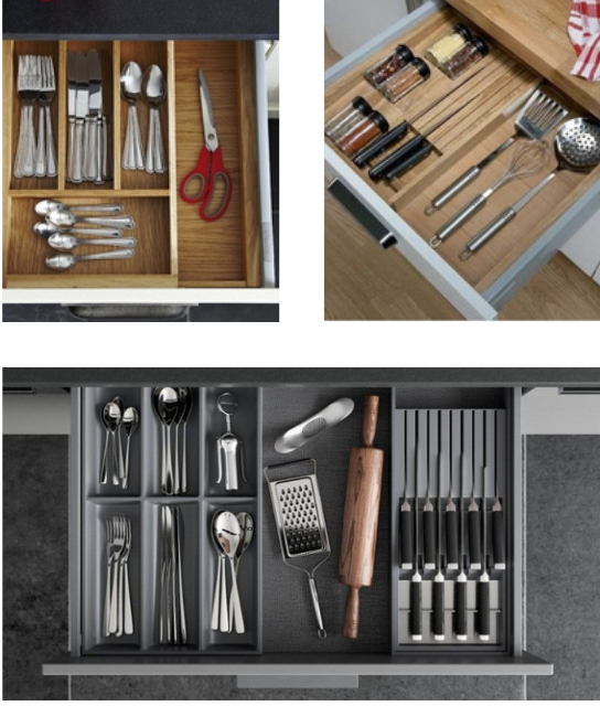three images of different cutlery storage options