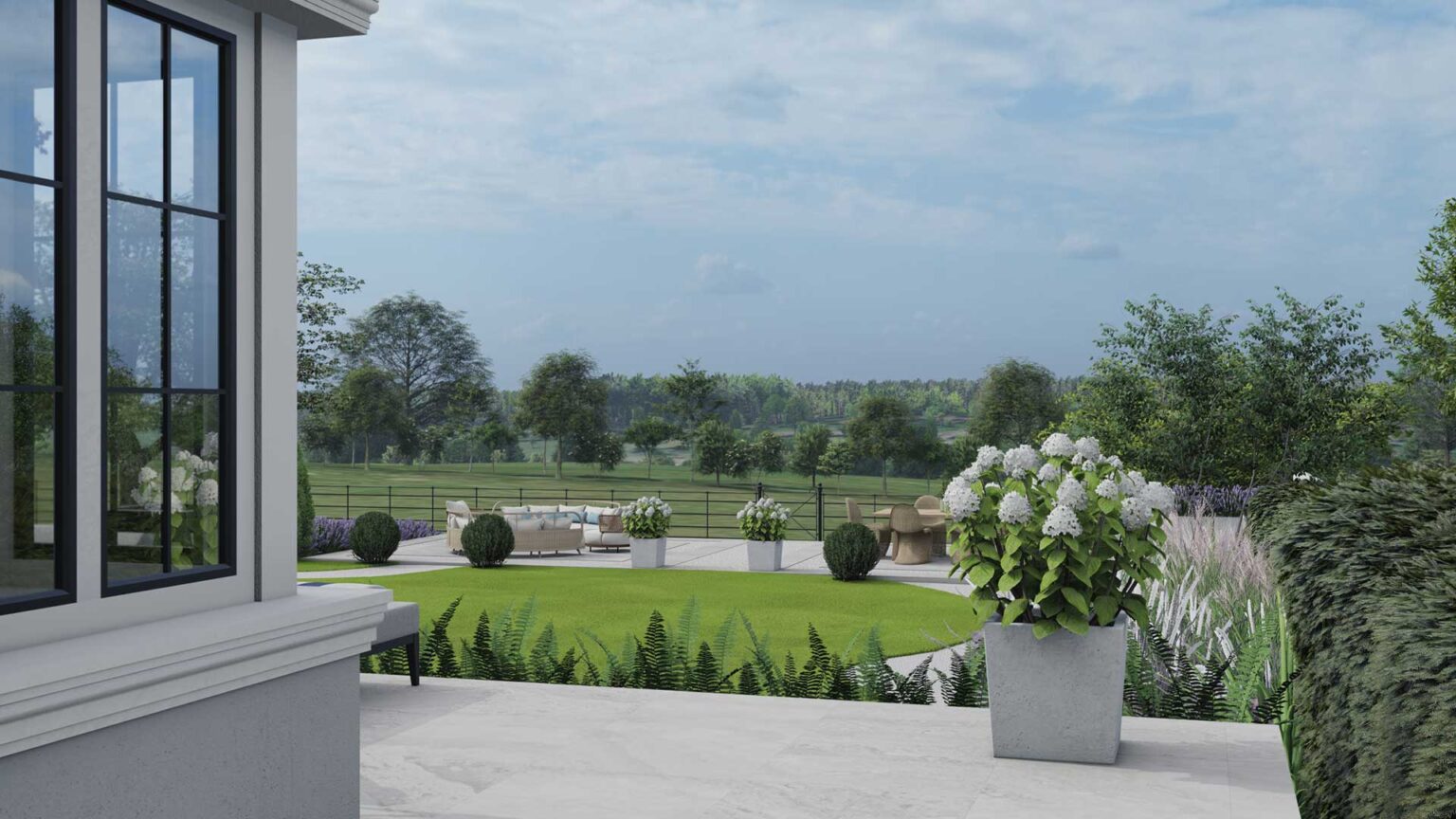 Garden view with seating area and potted flowers