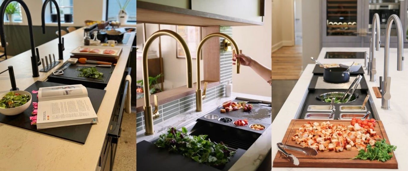 examples of large kitchen sink workstations by Galley with shopping boards, colanders and cookery book