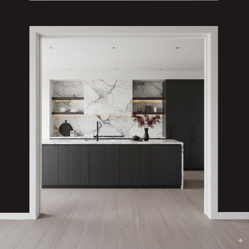Interior of a home utilising whites & dark colours for contrast
