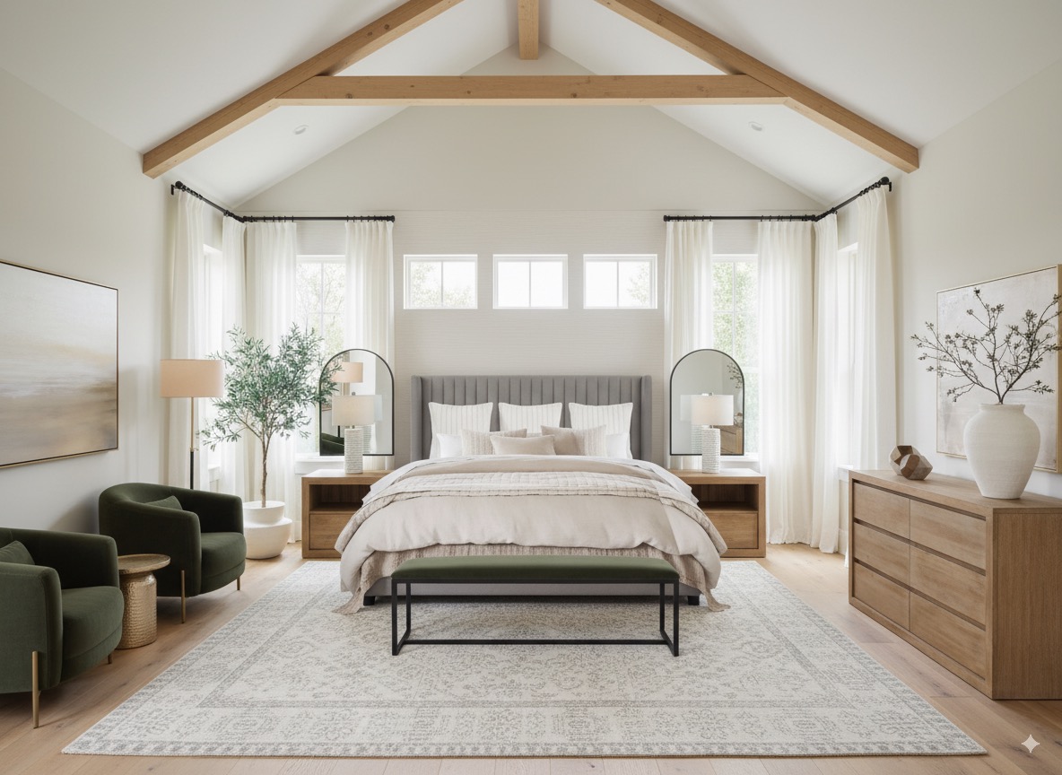 light airy bedroom with timber beams