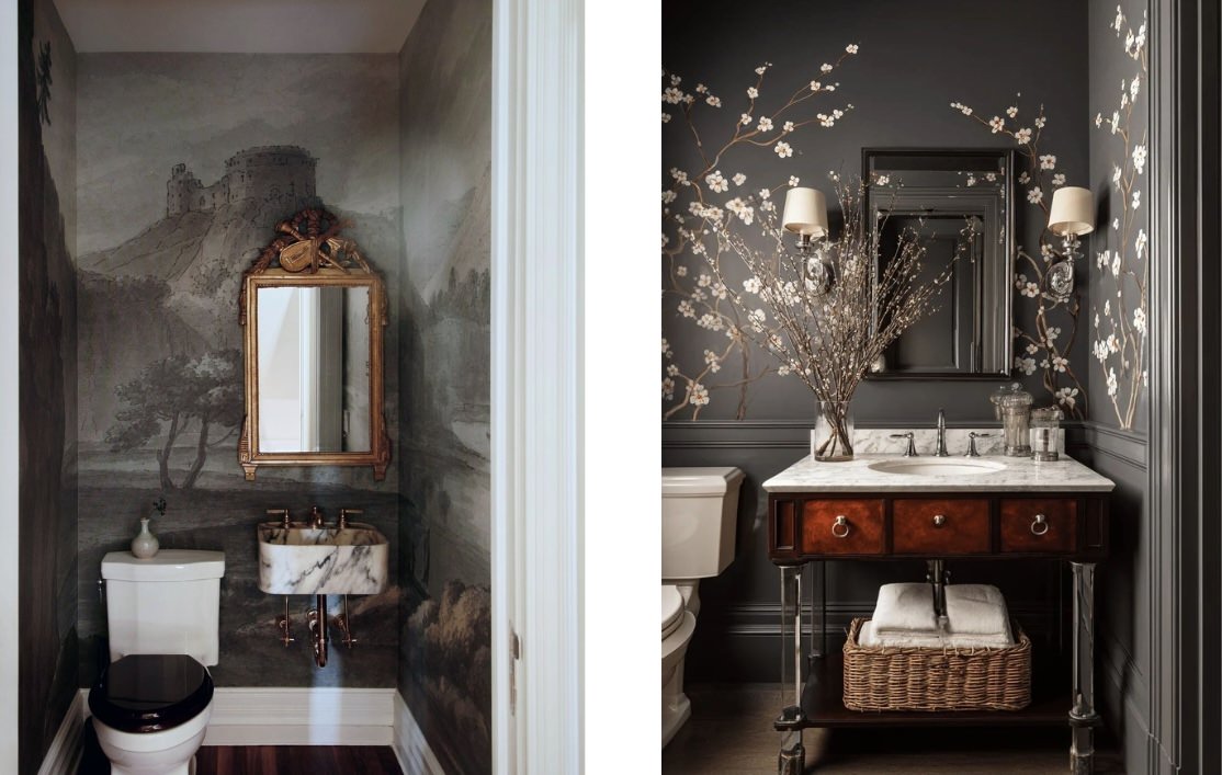 Scenic wallpaper in small bathroom
