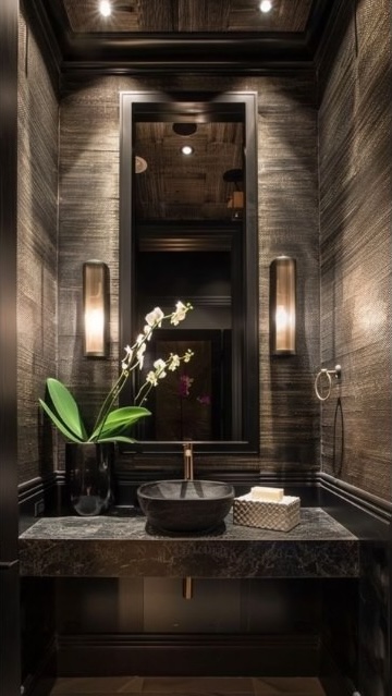 small guest bathroom oriental style with dark wallpaper and low light