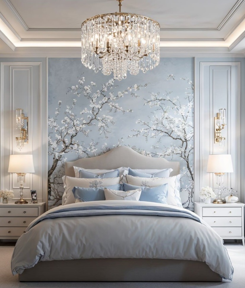 Elegant pale-blue bedroom