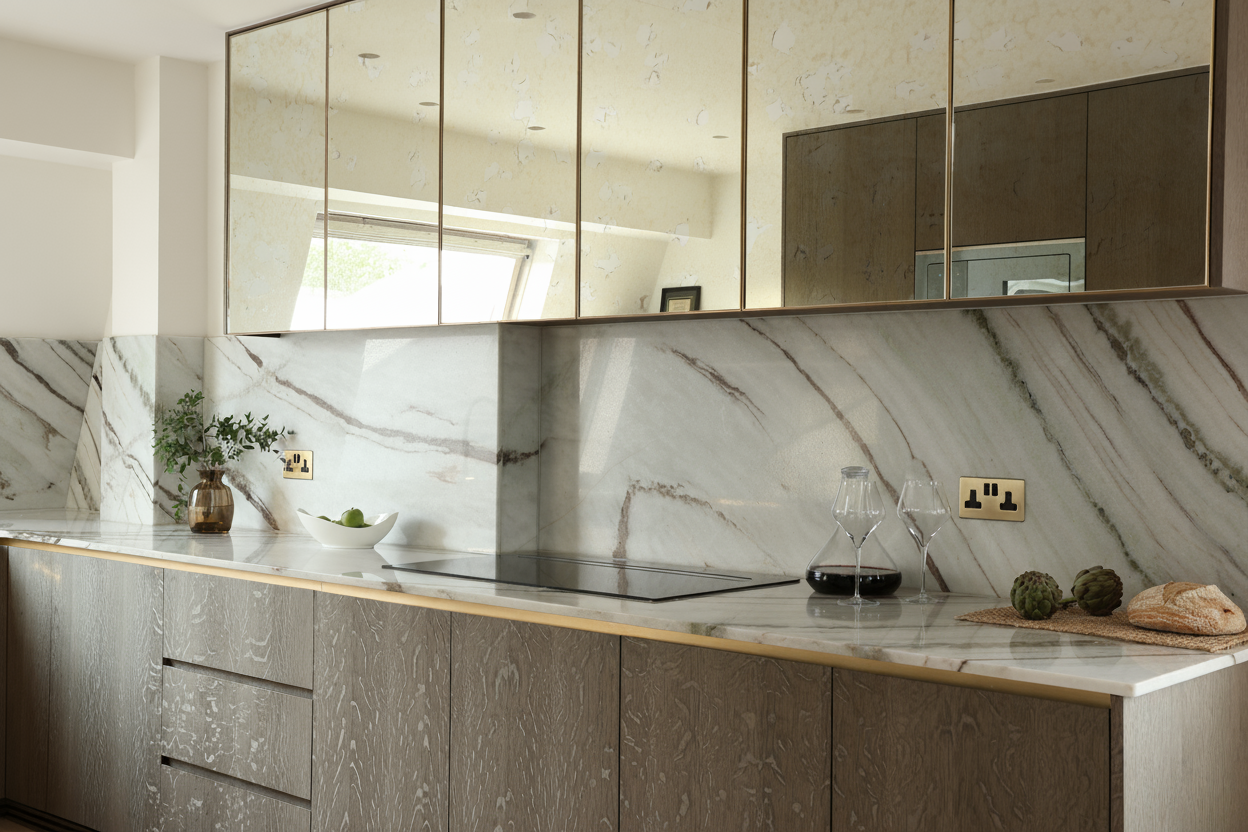 large well fitted kitchen with mirrored cupboard surface