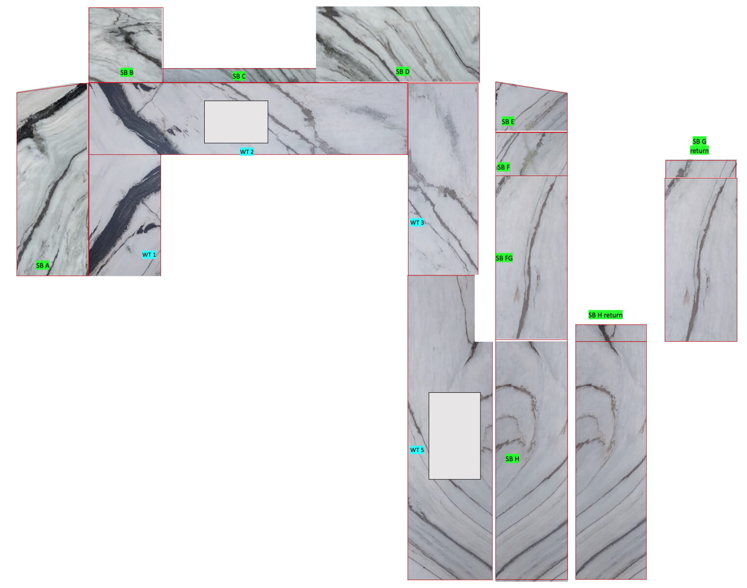 marble layout for worktop and backsplash for bespoke london kitchen