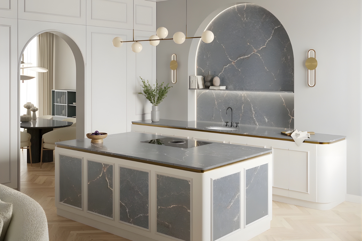 traditional kitchen with blue-grey silestone worktop