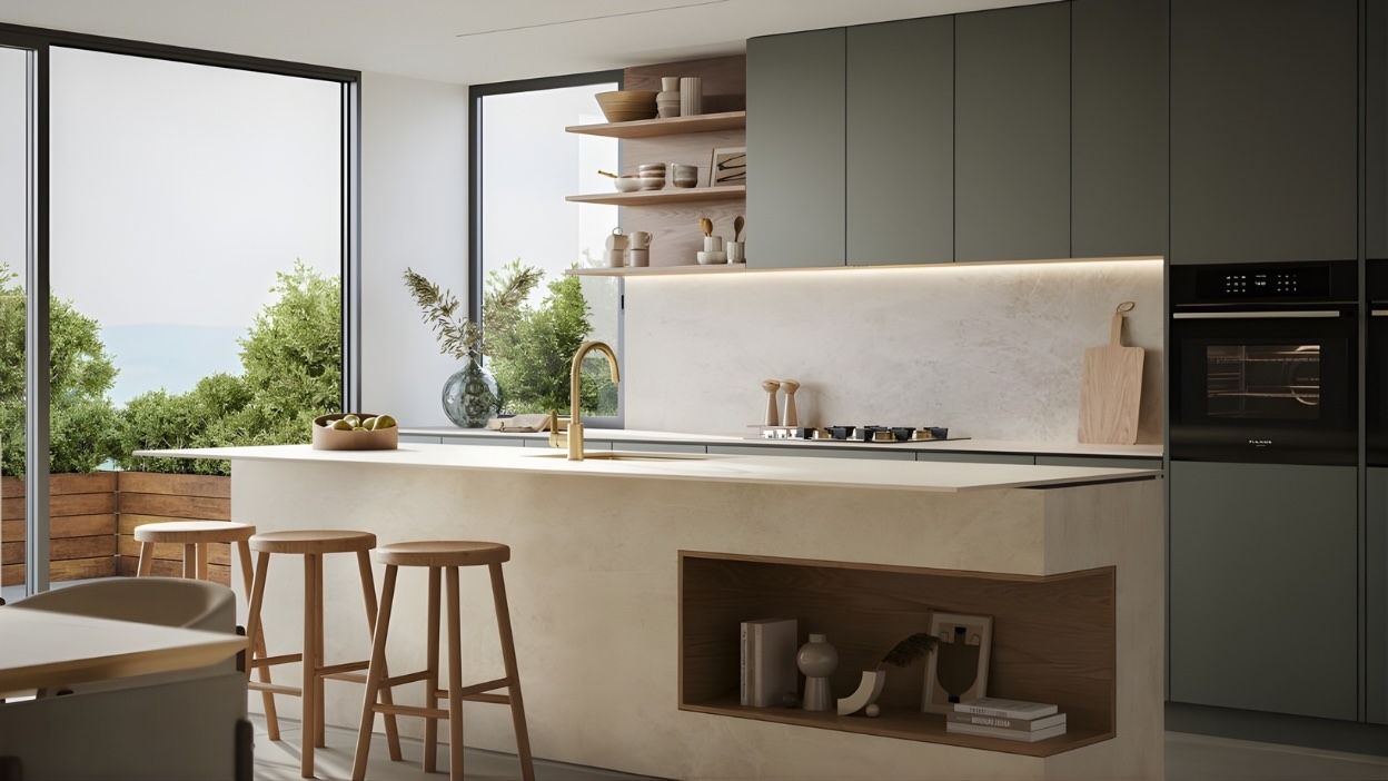 matchting porcelain kitchen island, worktop and splashback