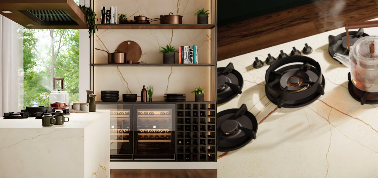 Porcelain worktop with built-in cooker