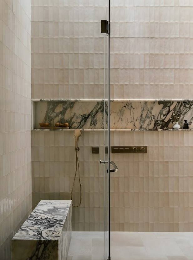 walk-in shower wtih zellige tiles and marble