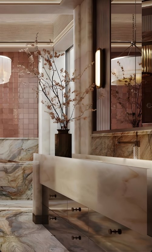 Bathroom with onyx vanity and maroon tiles